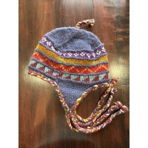 NEWARI Hand Knit Wool Earflap Beanie Hat Nepal Fleece Lined Icelandic Style